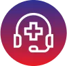 Icon of a headset with a medical cross on a gradient background, symbolizing virtual healthcare or telemedicine.