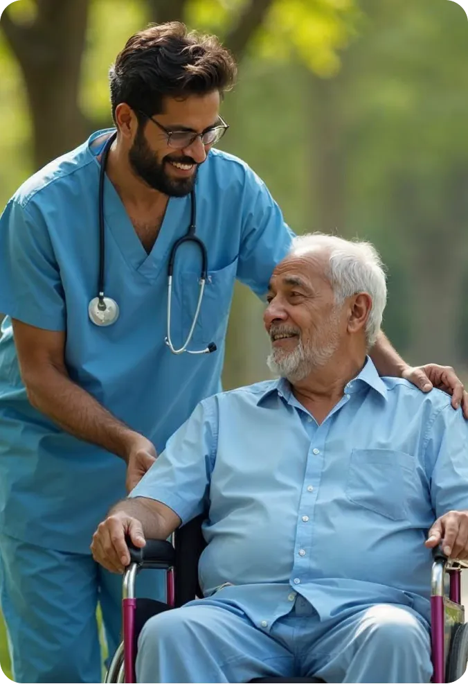 A caregiver assisting an elderly man in a wheelchair outdoors, symbolizing companionship and mobility support.