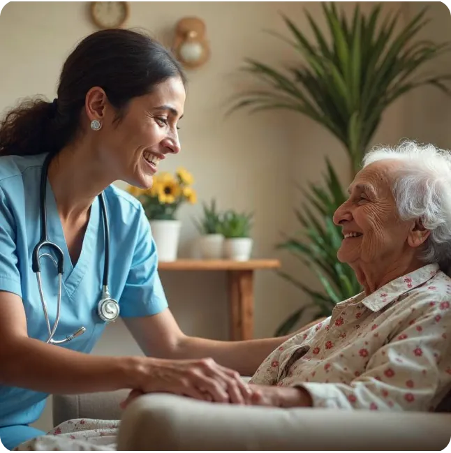 A caregiver in blue scrubs smiling and assisting an elderly man, symbolizing support and care.